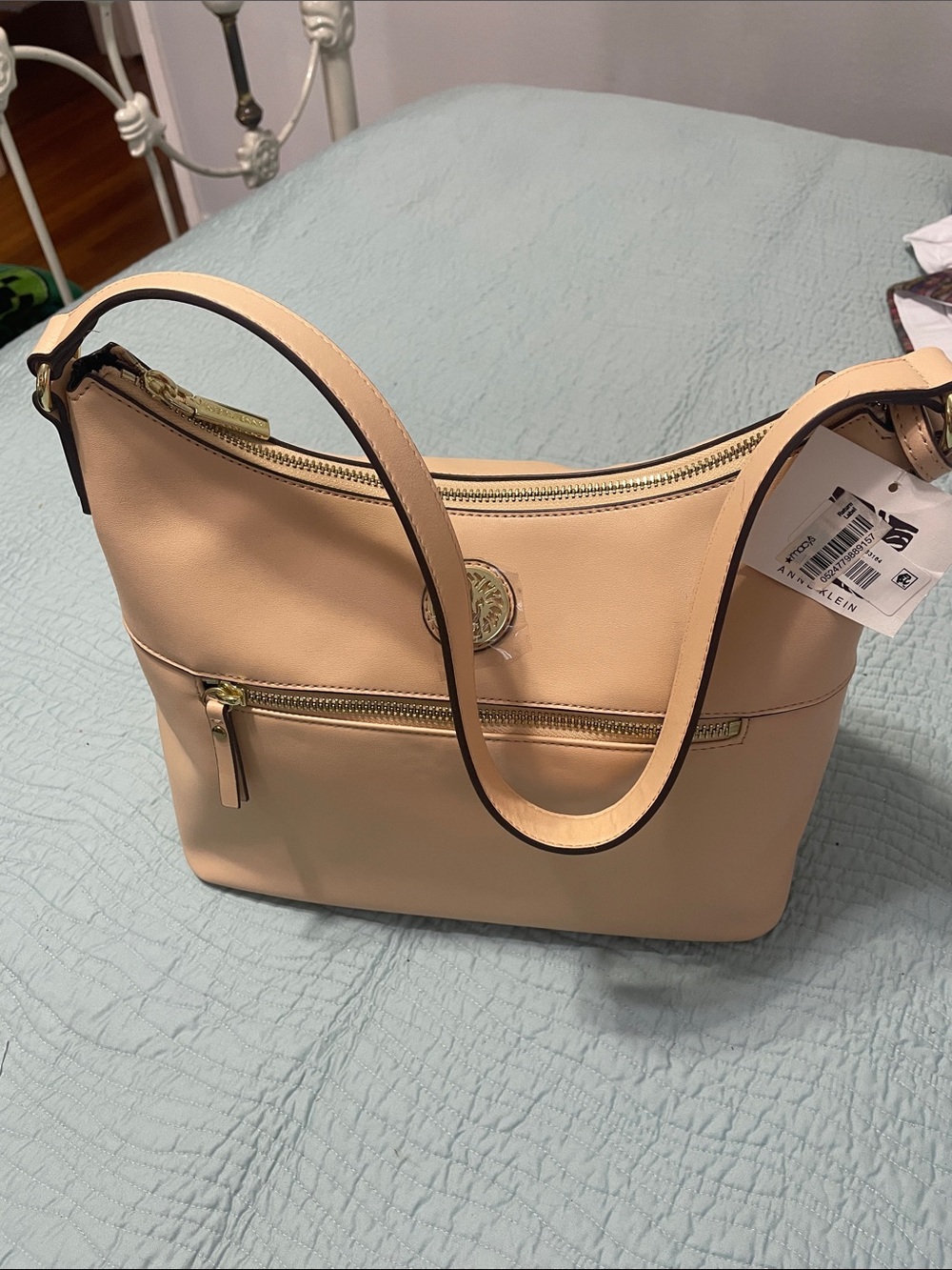 Anne Klein Peach Leather Shoulder Bag with Gold Hardware